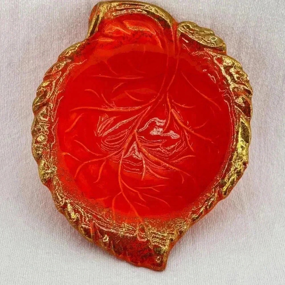 Vintage California Pottery Leaf Shaped Bowl Orange #594 Gold Dust Trim USA - Picture 4 of 11
